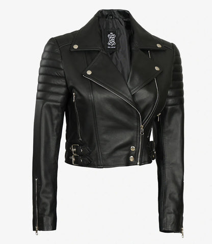 Women's Asymmetrical Black Cropped Biker Style Leather Jacket