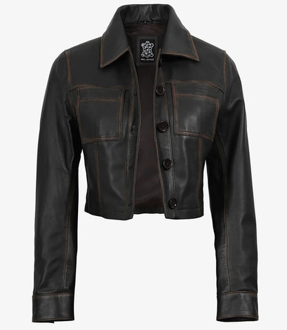 Women's Dark Brown Cropped Harrington Leather Jacket
