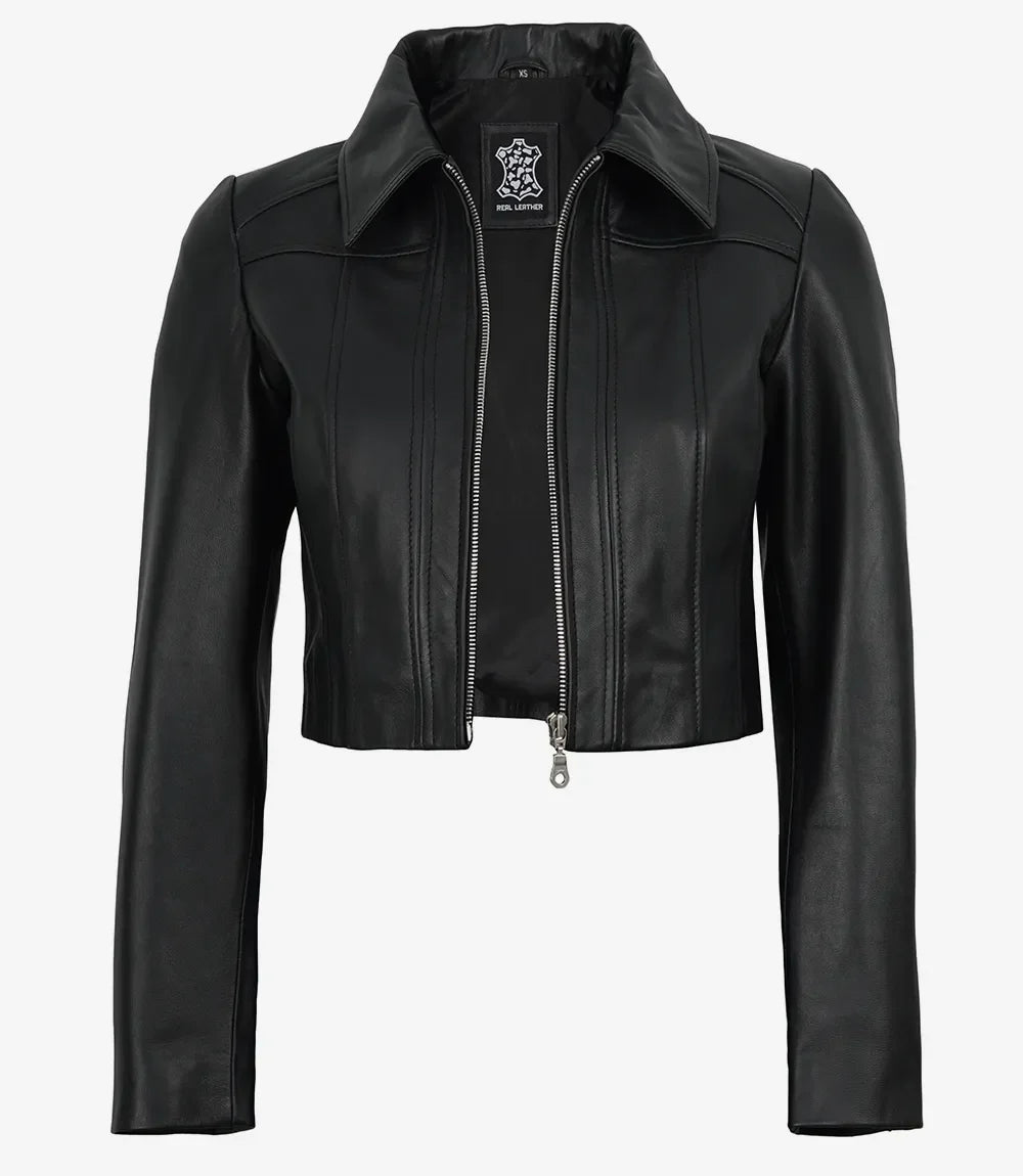 Women's Black Cropped Lambskin Harrington Jacket