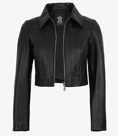 Women's Black Cropped Lambskin Harrington Jacket