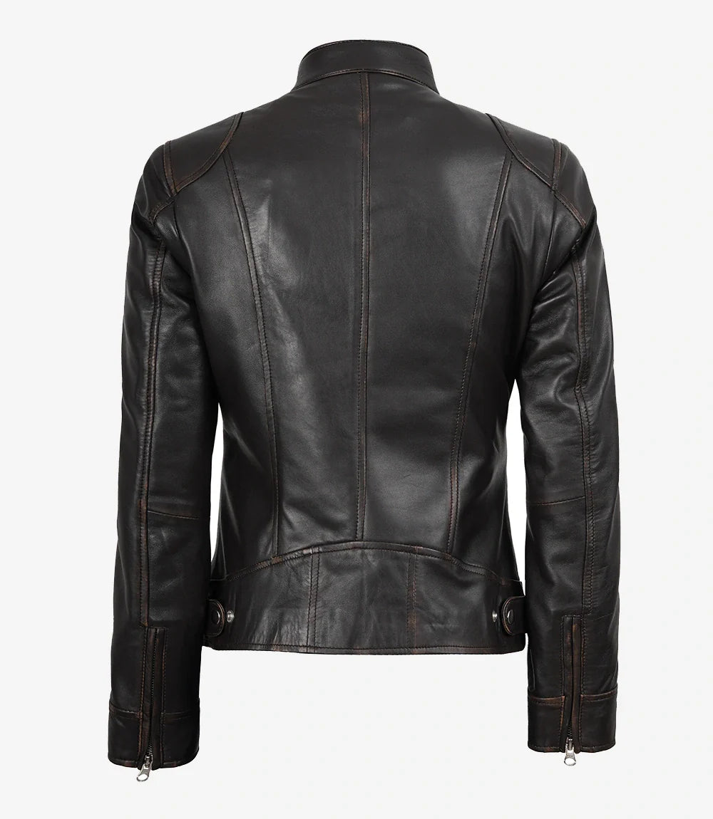 Dodge Womens Distressed Brown Biker Style Leather Jacket