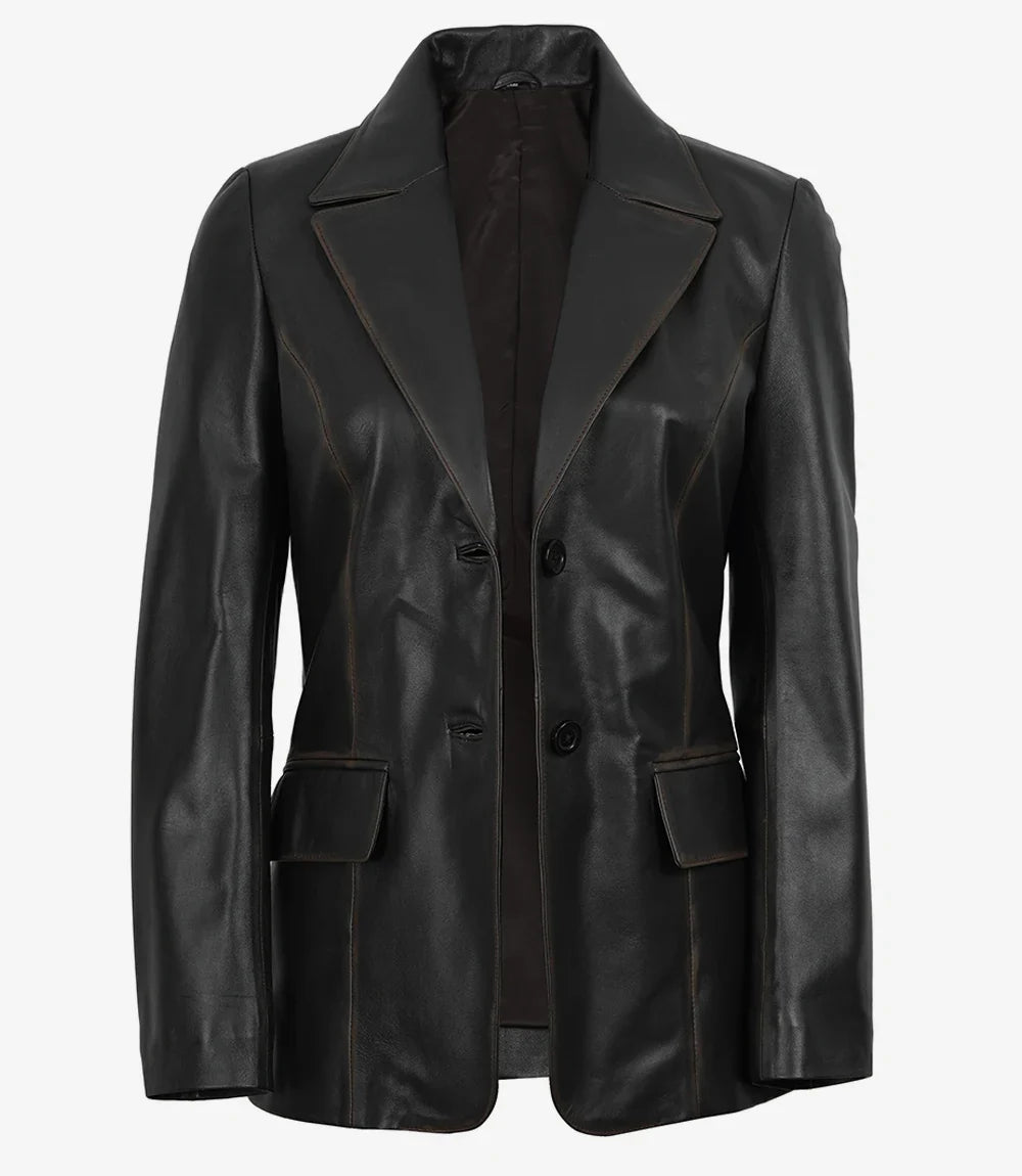 Women's Waxed Dark Brown Two Button Leather Blazer