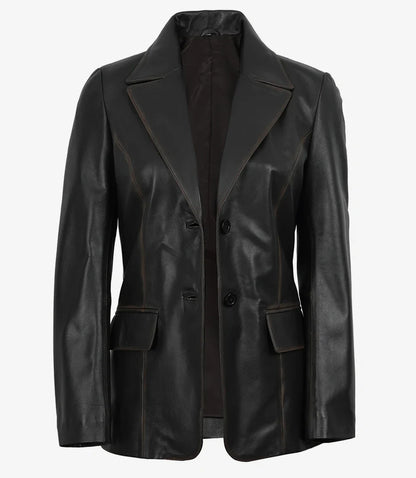 Women's Waxed Dark Brown Two Button Leather Blazer