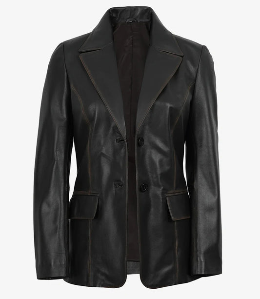 Women's Waxed Dark Brown Two Button Leather Blazer