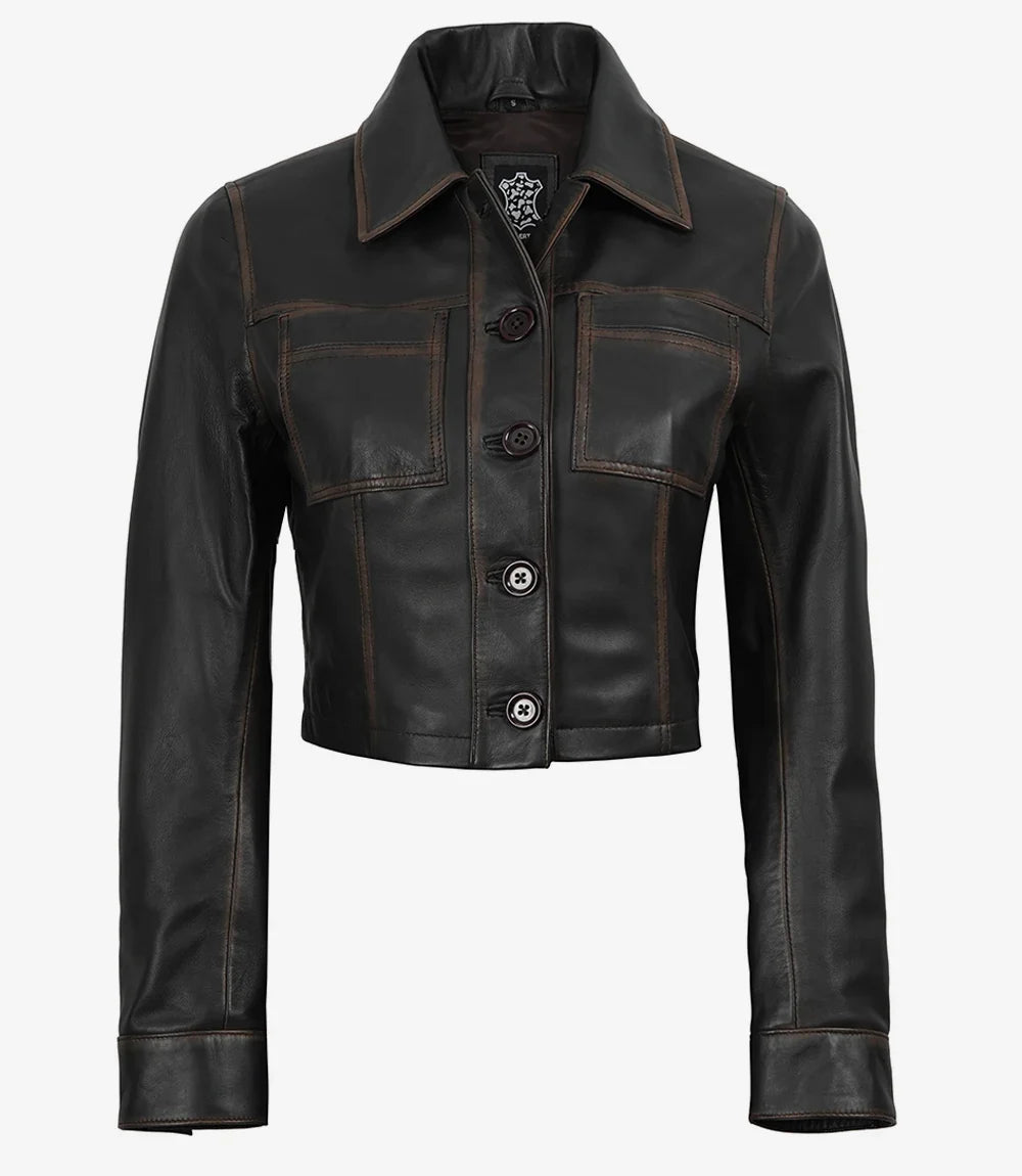 Women's Dark Brown Cropped Harrington Leather Jacket