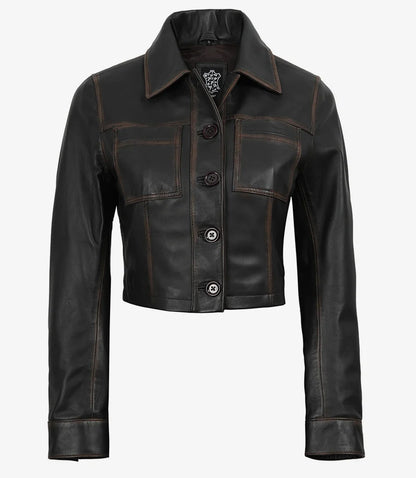 Women's Dark Brown Cropped Harrington Leather Jacket