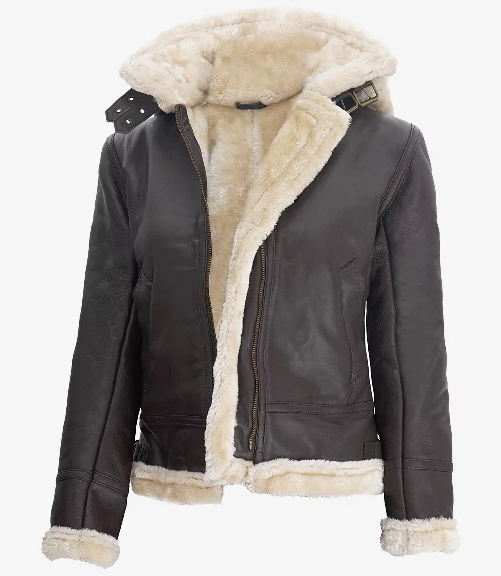 Womens Dark Brown Hooded Shearling Leather Jacket