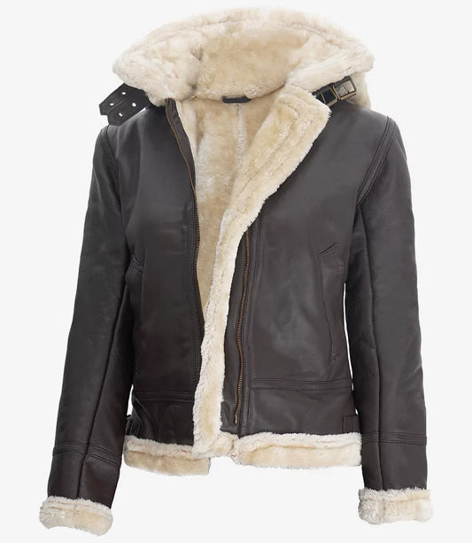 Womens Dark Brown Hooded Shearling Leather Jacket