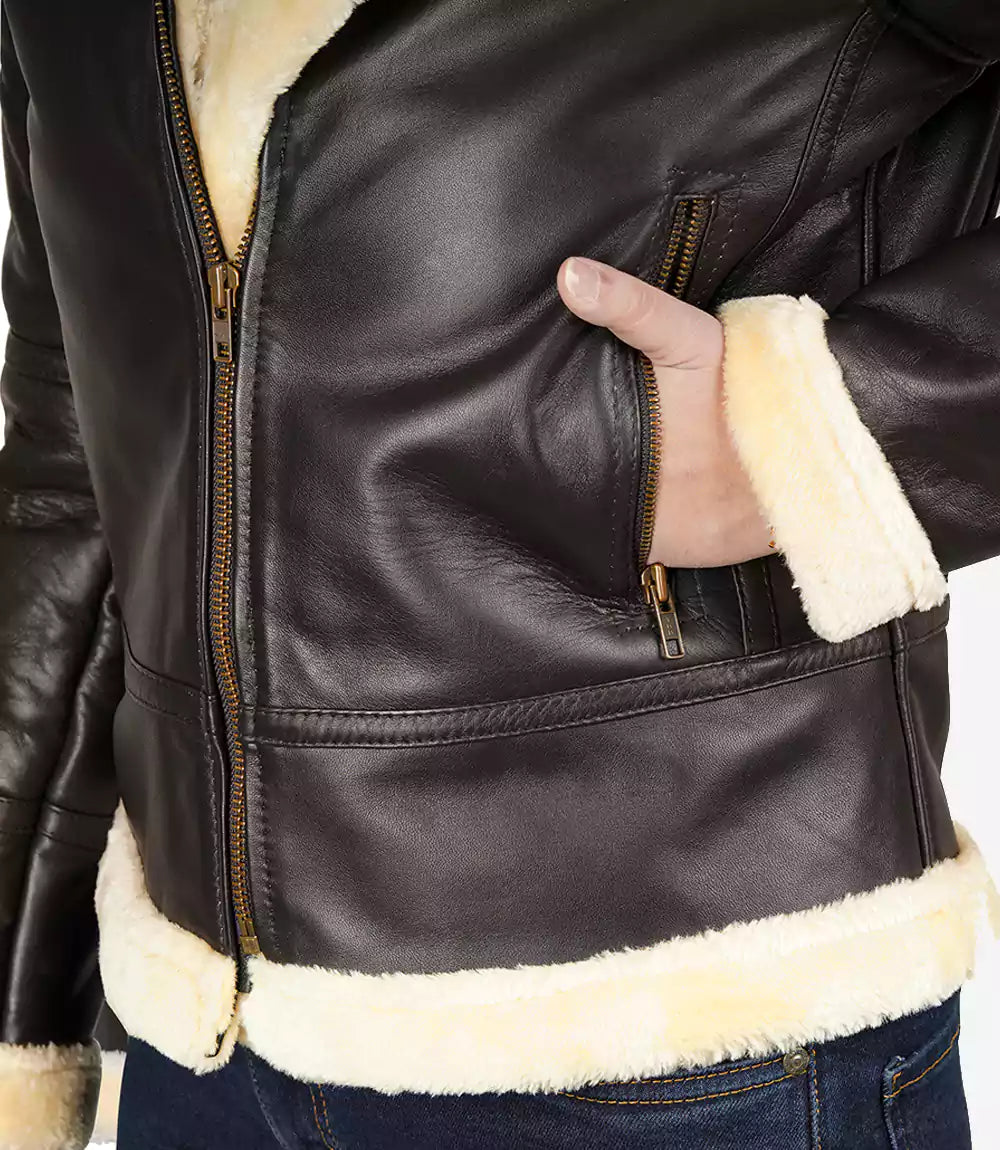Women's Dark Brown B3 Leather Bomber Shearling Jacket