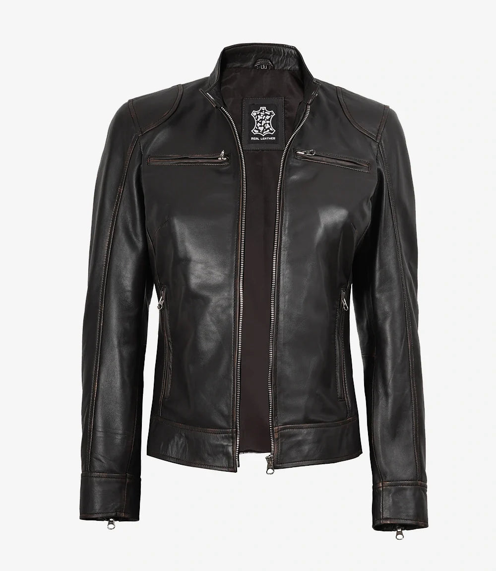 Dodge Womens Distressed Brown Biker Style Leather Jacket