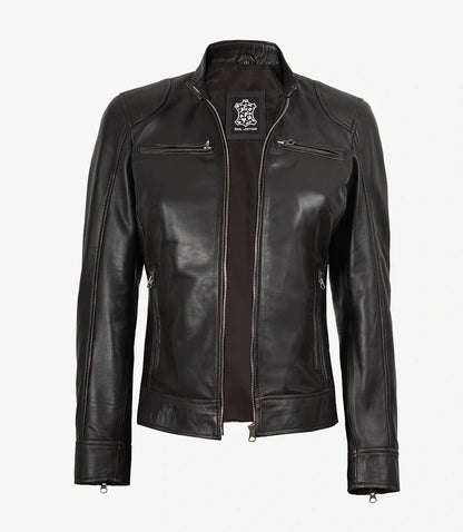 Dodge Womens Distressed Brown Biker Style Leather Jacket