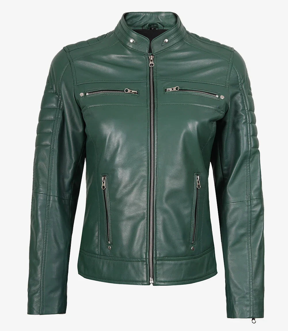Womens Real Leather Green Biker Style Jacket