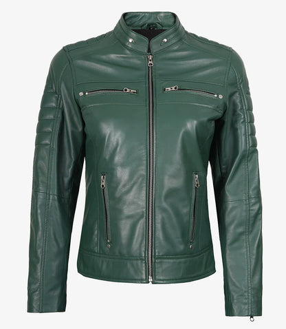 Womens Real Leather Green Biker Style Jacket