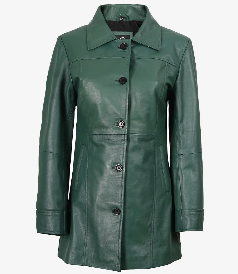 Women's Real Leather 3/4 Length Button Down Green Coat