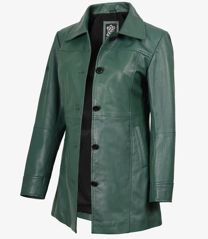 Women's Real Leather 3/4 Length Button Down Green Coat