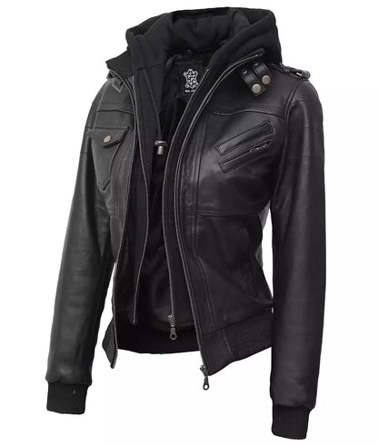 Womens Petite Black Leather Bomber Jacket With Removable Hood