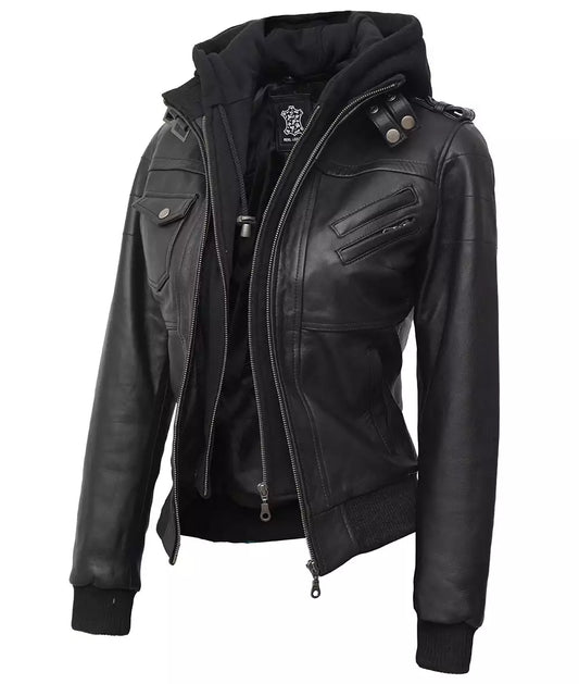 Womens Petite Black Leather Bomber Jacket With Removable Hood