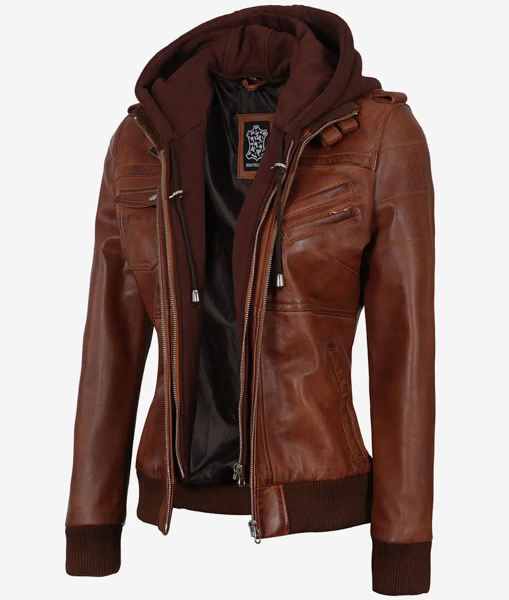 Women's Cognac Brown Leather Bomber Jacket