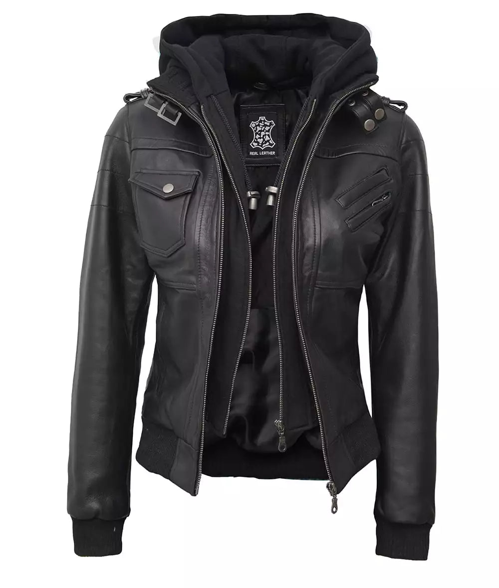 Womens Petite Black Leather Bomber Jacket With Removable Hood