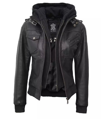 Womens Petite Black Leather Bomber Jacket With Removable Hood