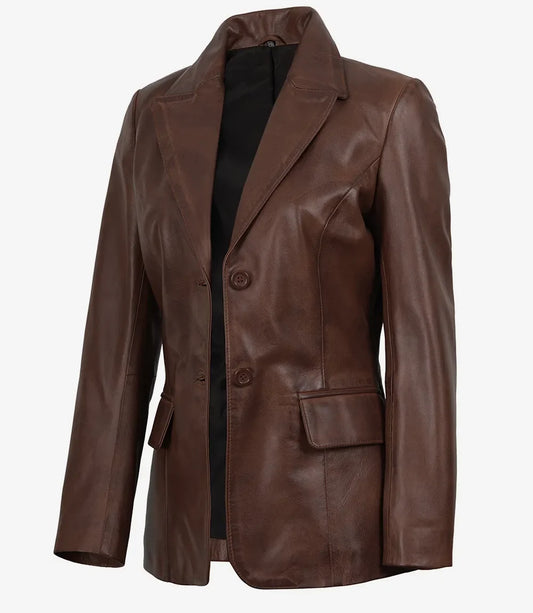 Women's Cognac Wax Lambskin Two-Button Blazer