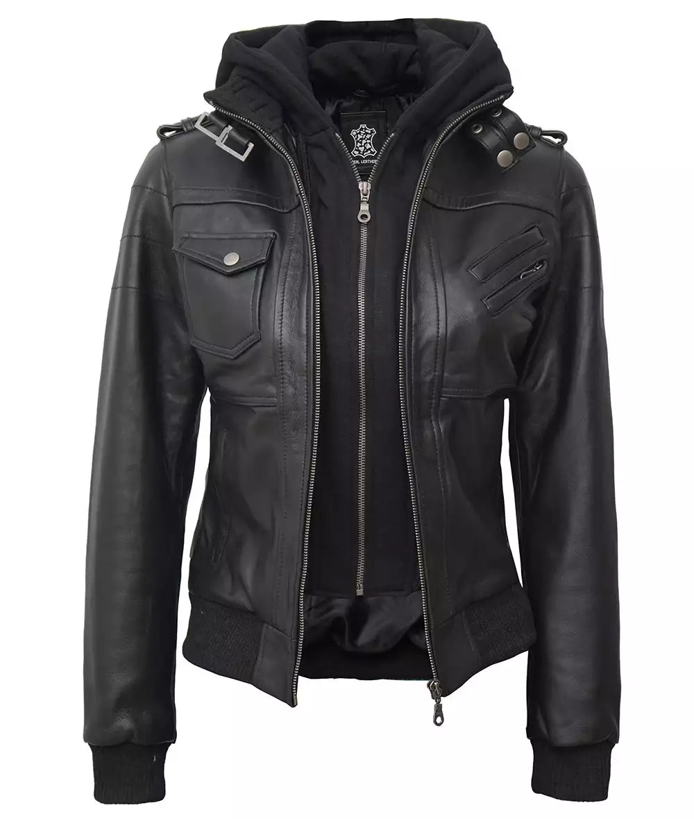 Womens Petite Black Leather Bomber Jacket With Removable Hood
