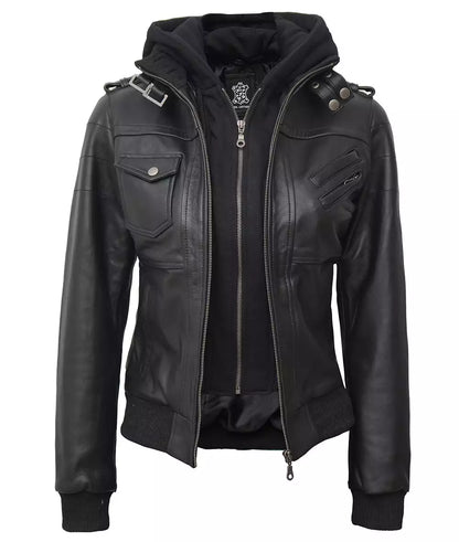 Womens Petite Black Leather Bomber Jacket With Removable Hood