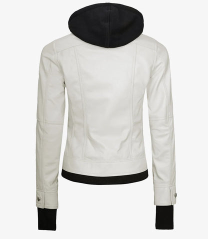 Womens Off White Bomber Leather Jacket with Removable Hood