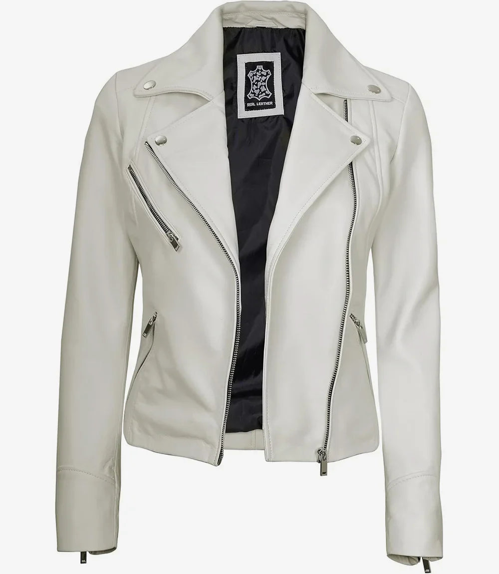 Women's Real Lambskin Leather Off White Biker Style Jacket