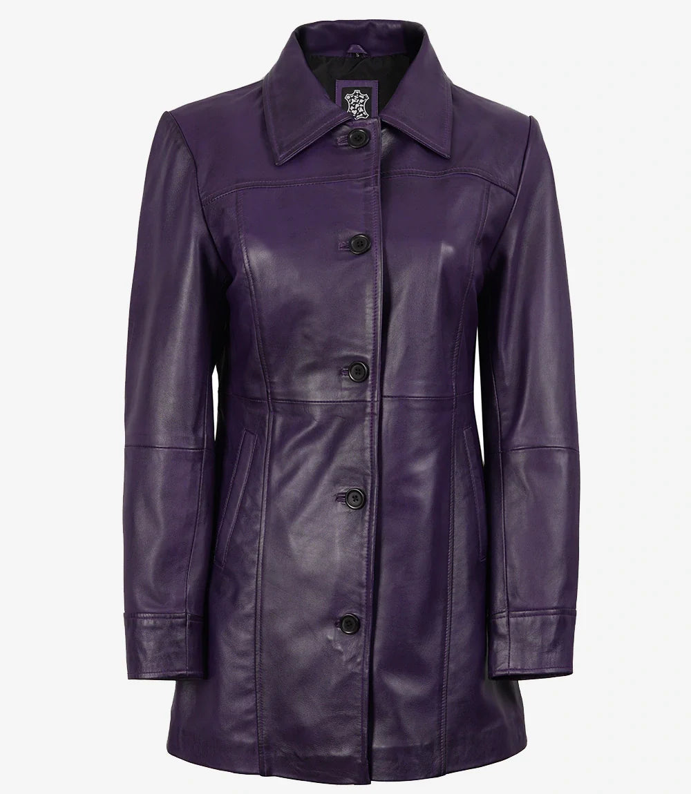 Women's 3/4 Length Button Down Purple Leather Coat