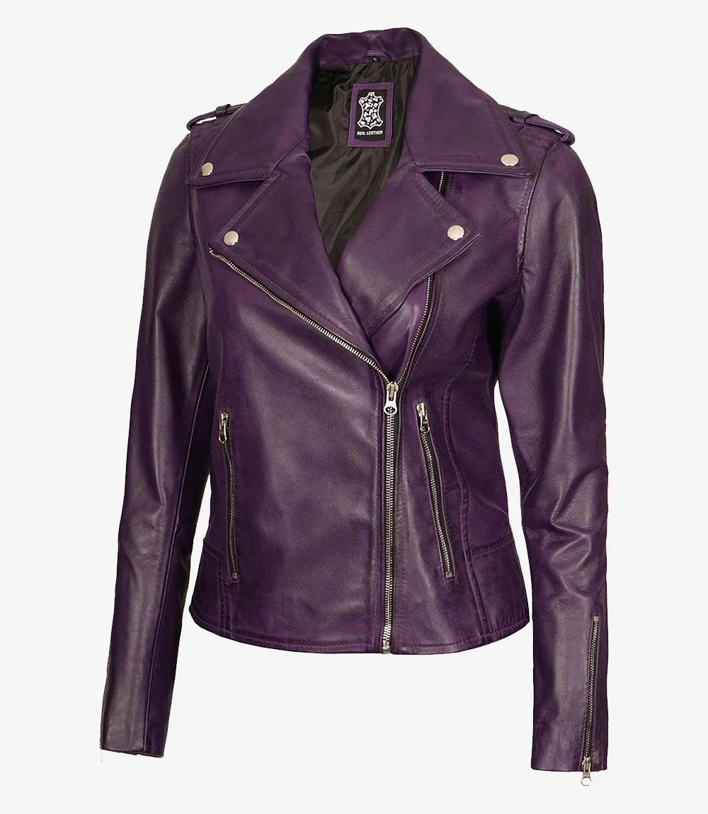 Women's Lambskin Asymmetrical Purple Biker Style Jacket