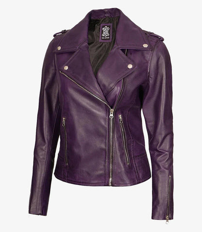 Women's Lambskin Asymmetrical Purple Biker Style Jacket