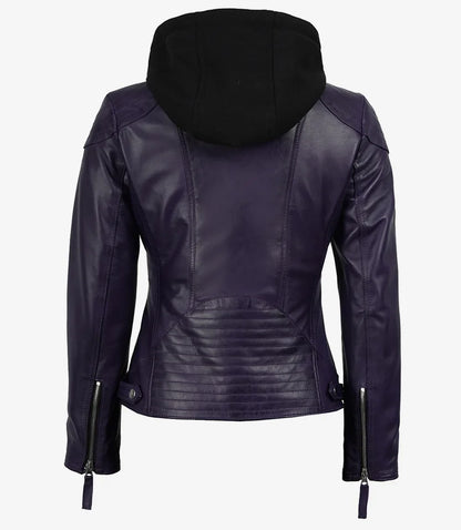 Women's Purple Real Leather Jacket With Removable Hood