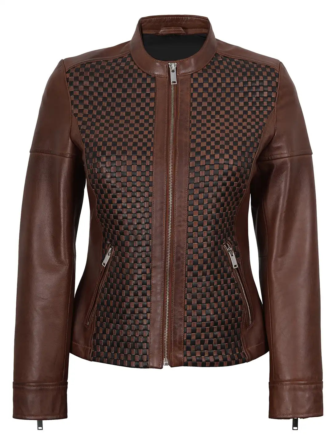 Women Brown Textured Cafe Racer Leather Jacket