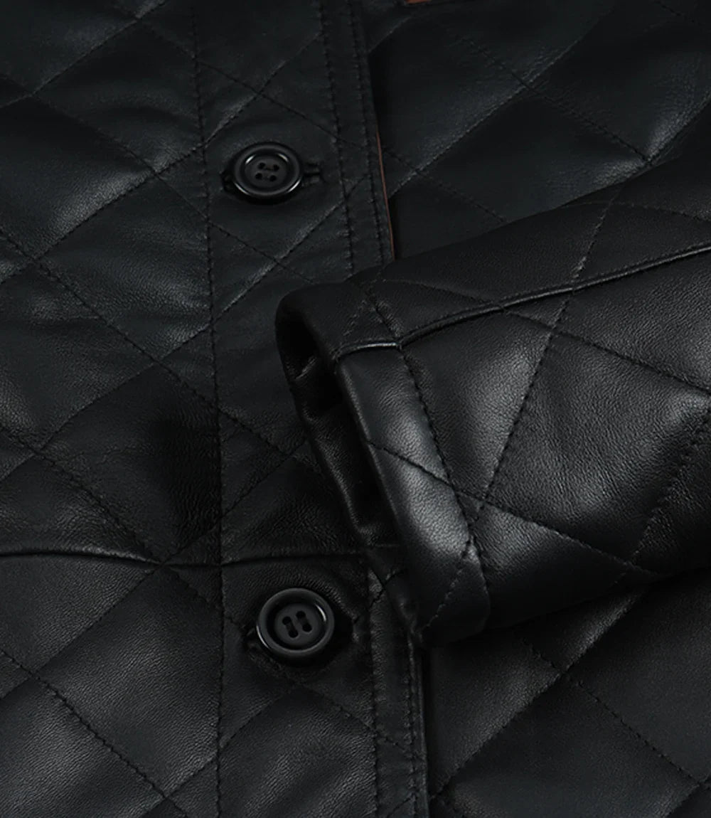 Women's Black Diamond Quilted Leather Jacket with Brown Trim