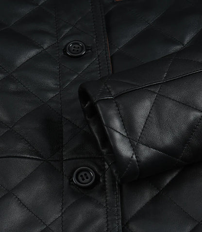 Women's Black Diamond Quilted Leather Jacket with Brown Trim