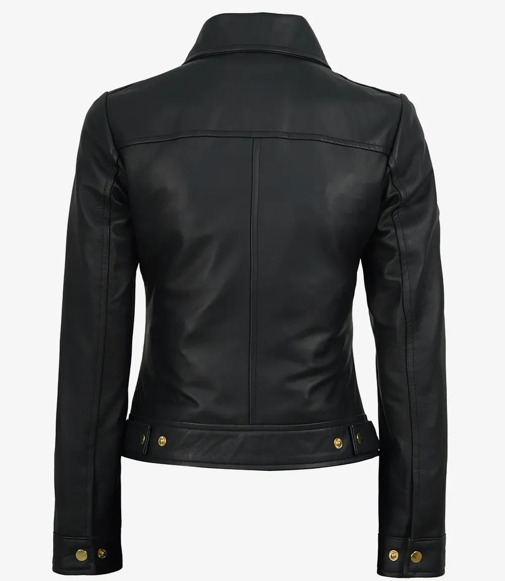 Women's Black Lambskin Harrington Jacket — Gold Hardware & Accents