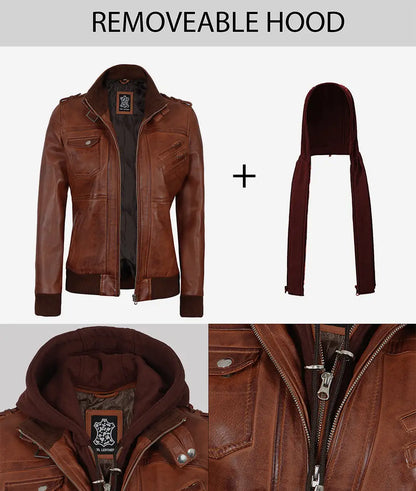 Women's Cognac Brown Leather Bomber Jacket