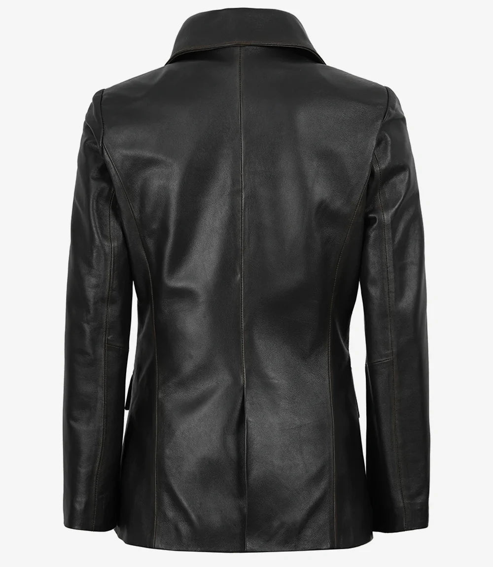 Women's Waxed Dark Brown Two Button Leather Blazer