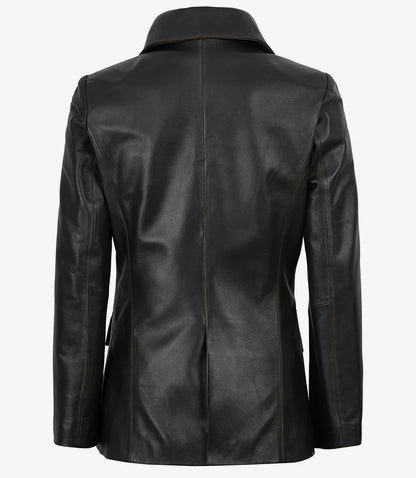 Women's Waxed Dark Brown Two Button Leather Blazer