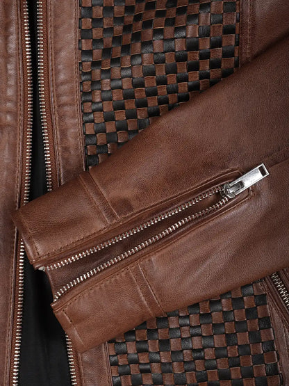 Women Brown Textured Cafe Racer Leather Jacket