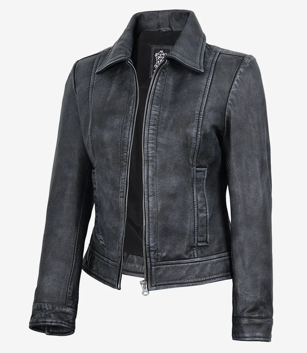 Women's Black Leather Harrington Jacket