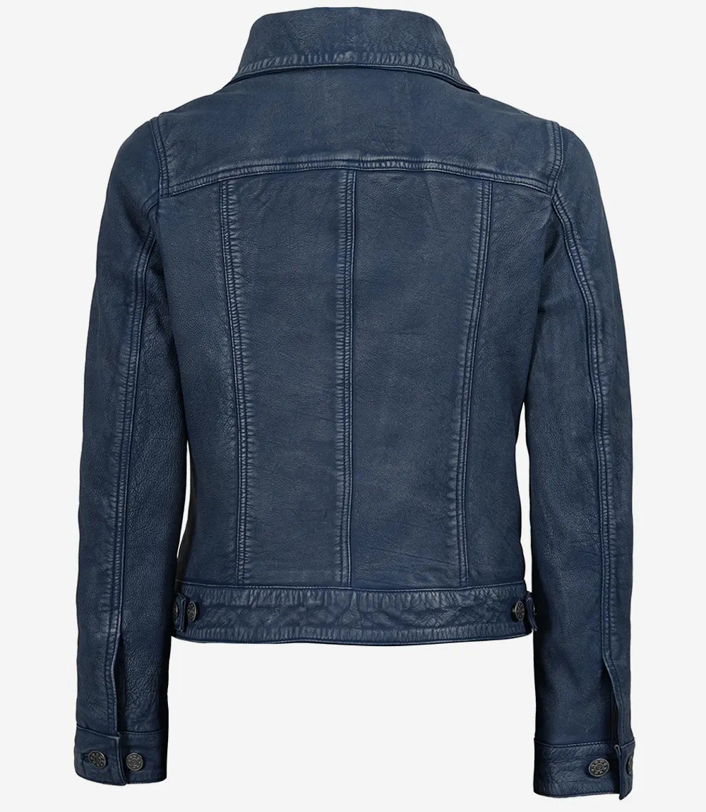 Women's Denim-Style Blue Washed Trucker Leather Jacket