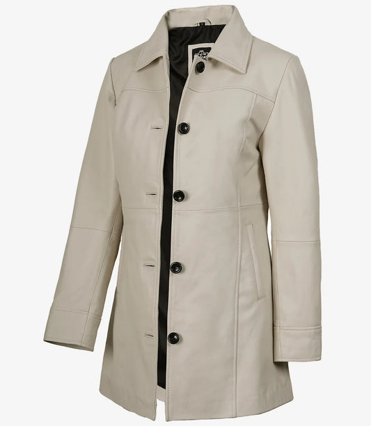 Women's Off-White Lambskin 3/4 Length Car Coat