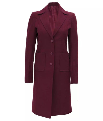 Women's Single Breasted Maroon Long Wool Coat