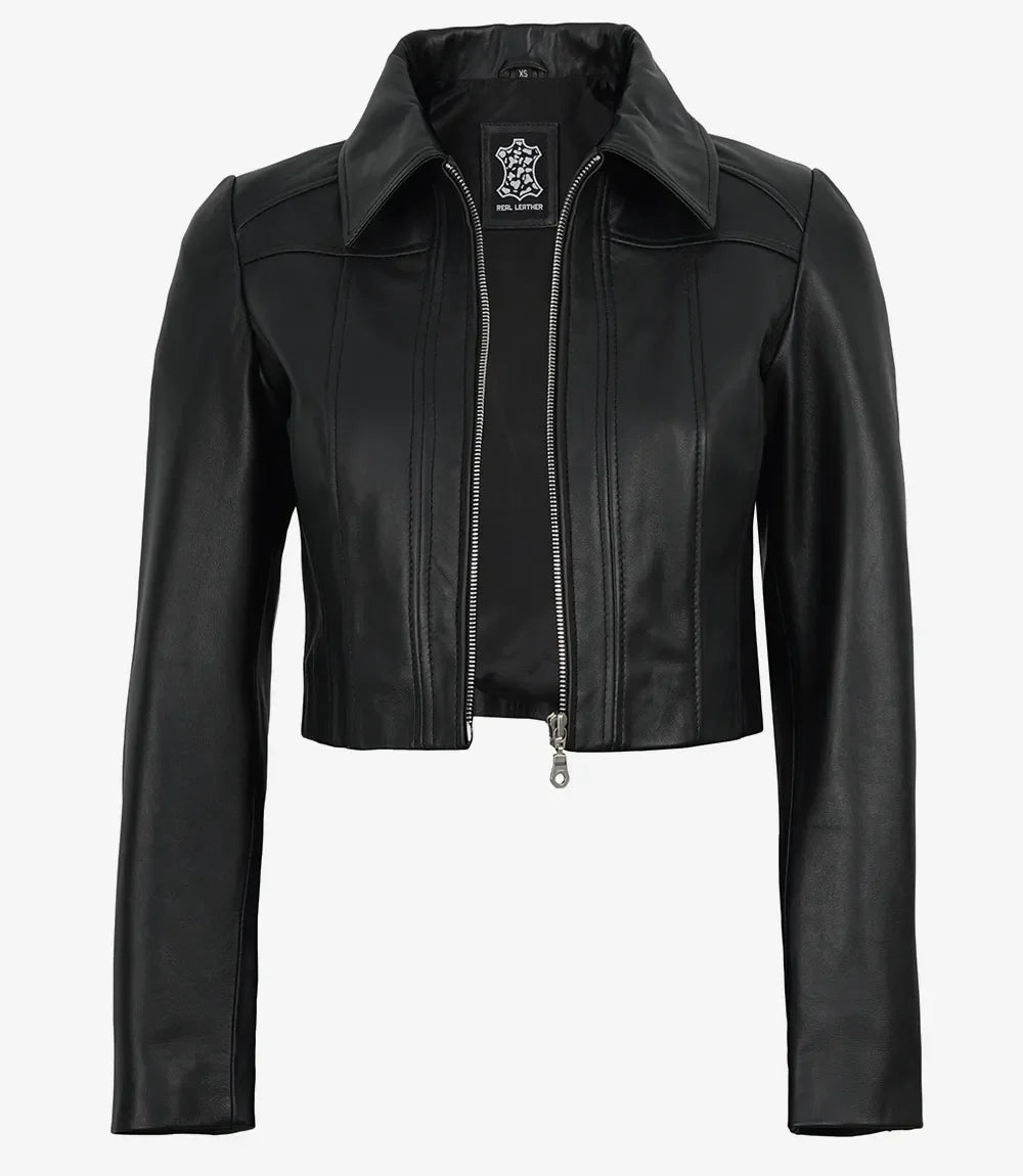 Marsha Women's Cropped Black Leather Jacket with Shirt Collar