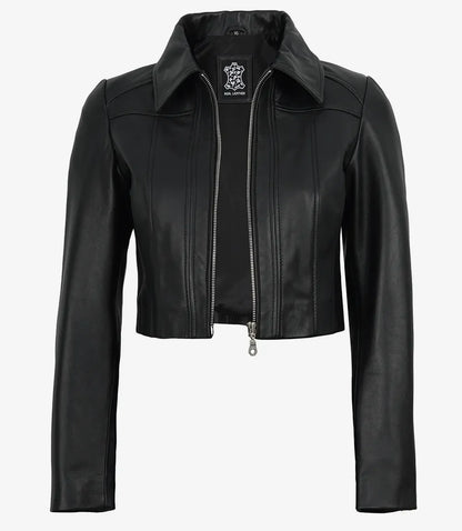 Marsha Women's Cropped Black Leather Jacket with Shirt Collar