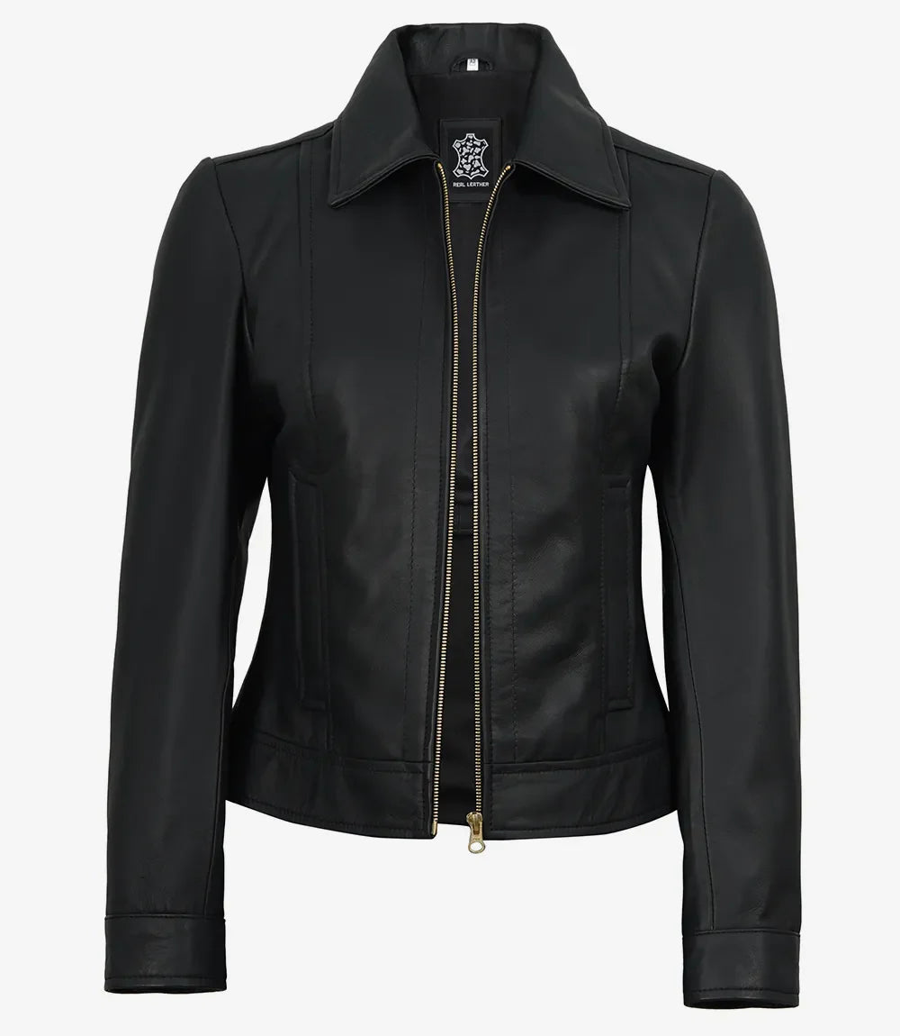 Jose Women's Black Harrington Leather Jacket with Golden Details