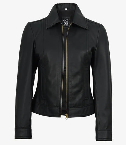 Jose Women's Black Harrington Leather Jacket with Golden Details