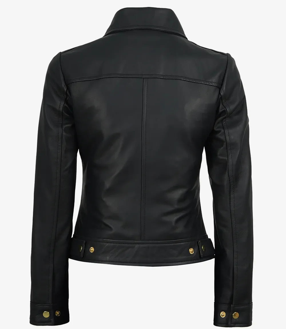 Jose Women's Black Harrington Leather Jacket with Golden Details